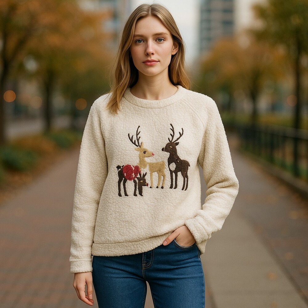 ROCKIN’ AROUND White Plush Sherpa Fleece Sequined Reindeer Top Ladies MED